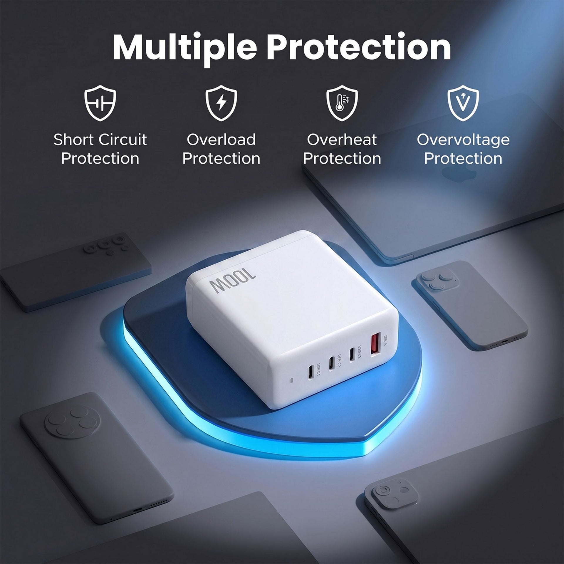 Devanti USB C Charger 100W Fast Charger 4 Port GaN Desktop Station White Awezingly
