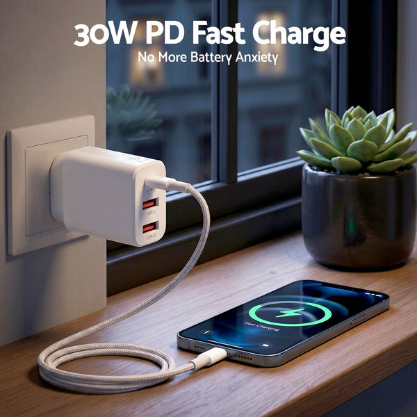 Devanti USB C Charger 30W Fast Charger 3 Port PD Charging Block White Awezingly