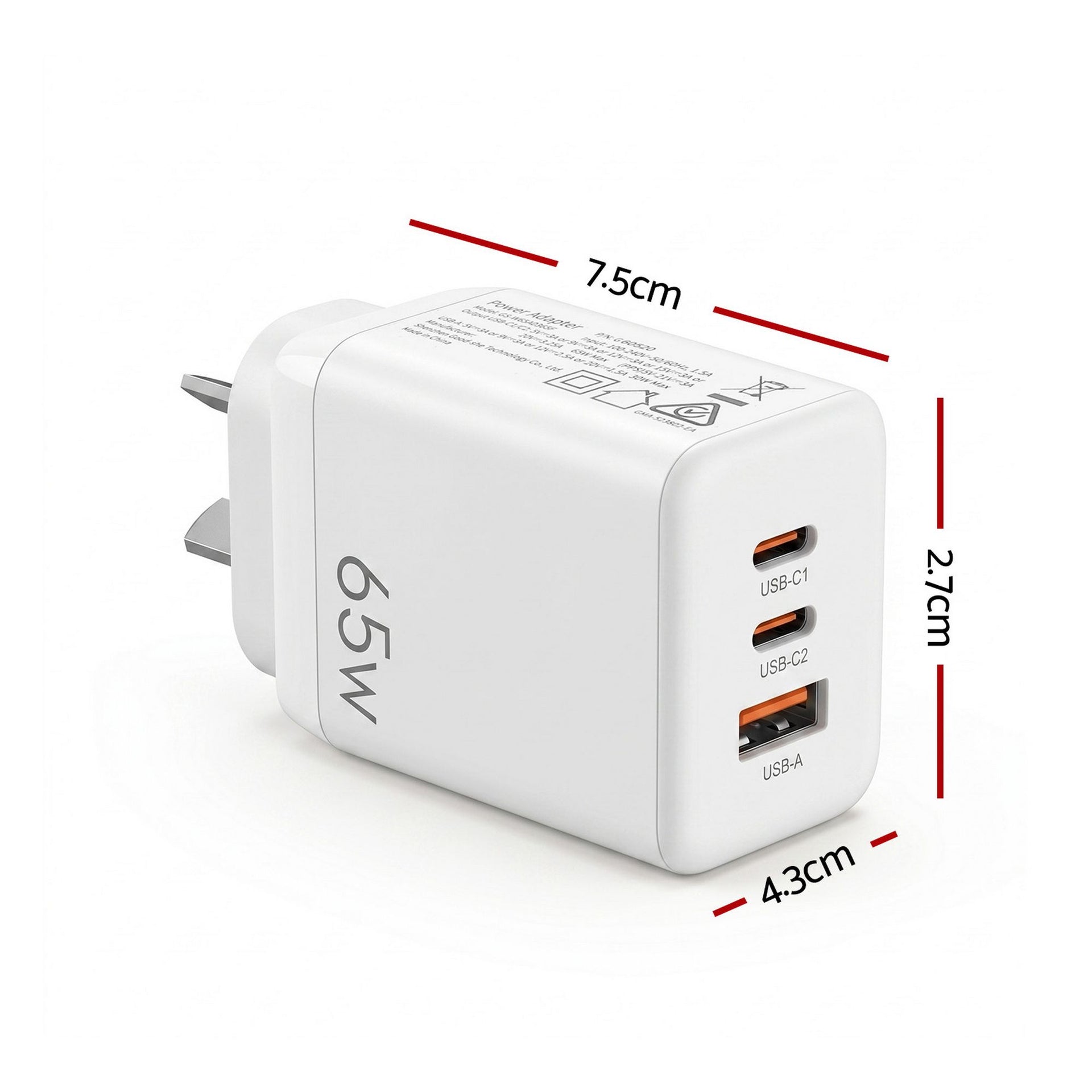 Devanti USB C Charger 65W Fast Charger 3 Port PD Wall Adapter White Awezingly