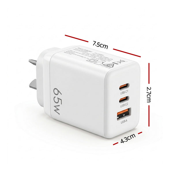 Devanti USB C Charger 65W Fast Charger 3 Port PD Wall Adapter White Awezingly