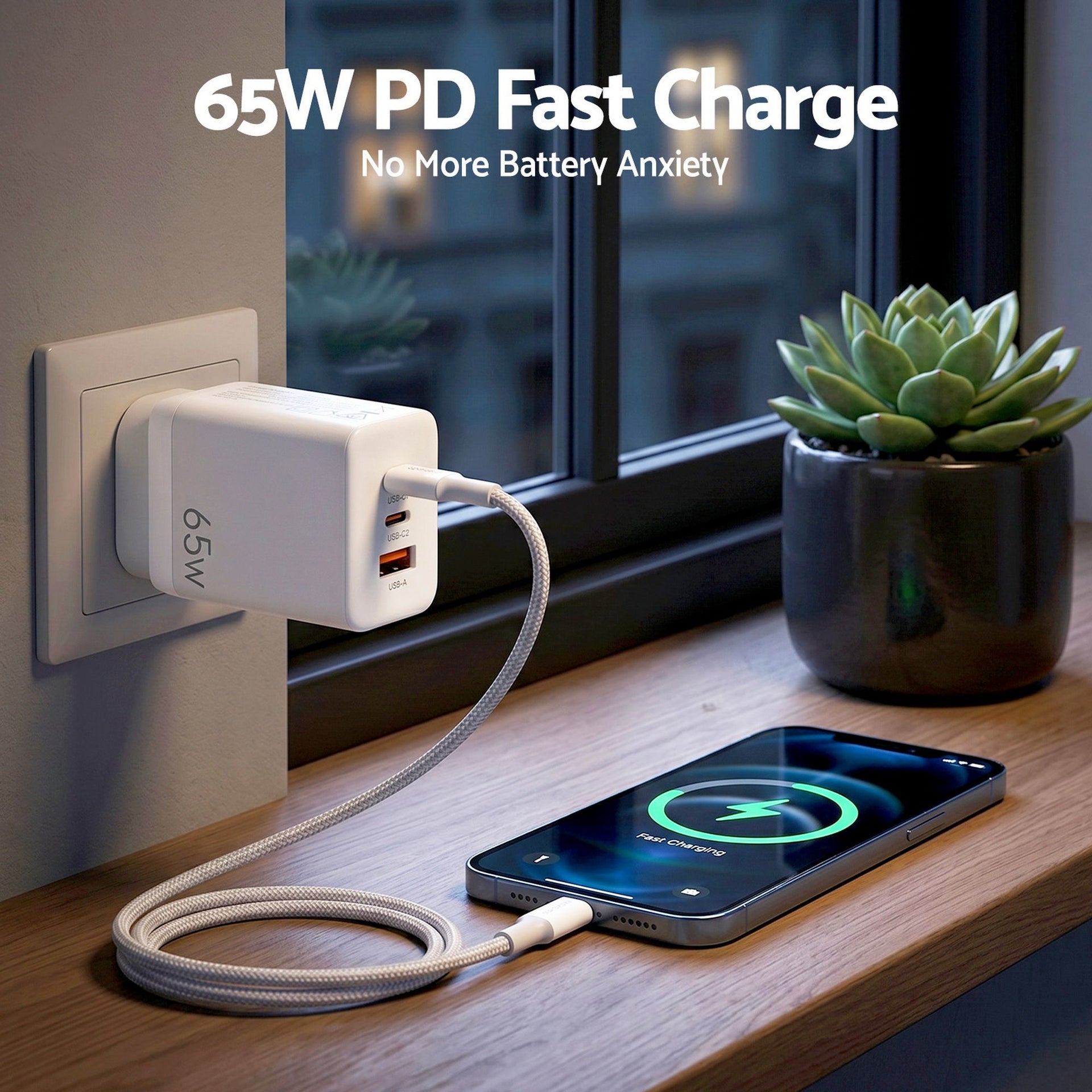 Devanti USB C Charger 65W Fast Charger 3 Port PD Wall Adapter White Awezingly