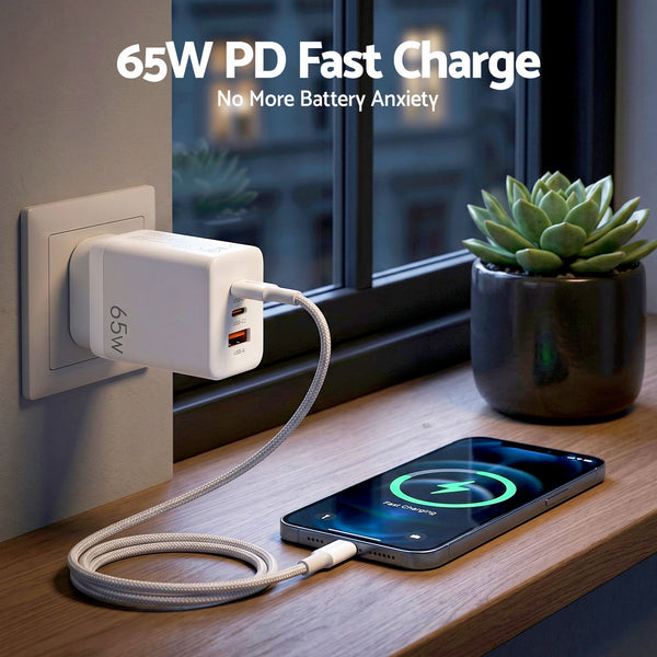 Devanti USB C Charger 65W Fast Charger 3 Port PD Wall Adapter White Awezingly