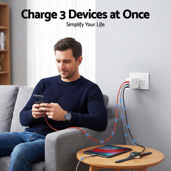 Devanti USB C Charger 65W Fast Charger 3 Port PD Wall Adapter White Awezingly