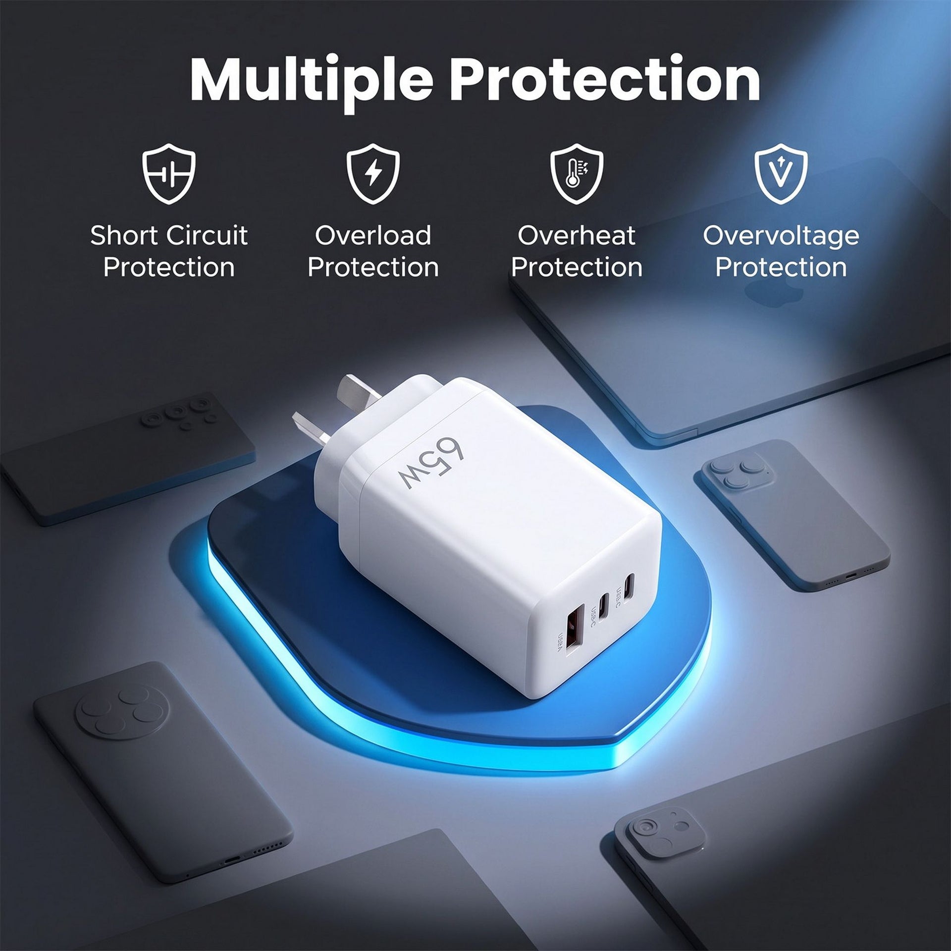 Devanti USB C Charger 65W Fast Charger 3 Port PD Wall Adapter White Awezingly