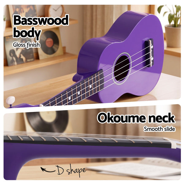 Alpha 21 Inch Ukulele Soprano Beginner Acoustic Small Guitar Kids Strings Purple Awezingly