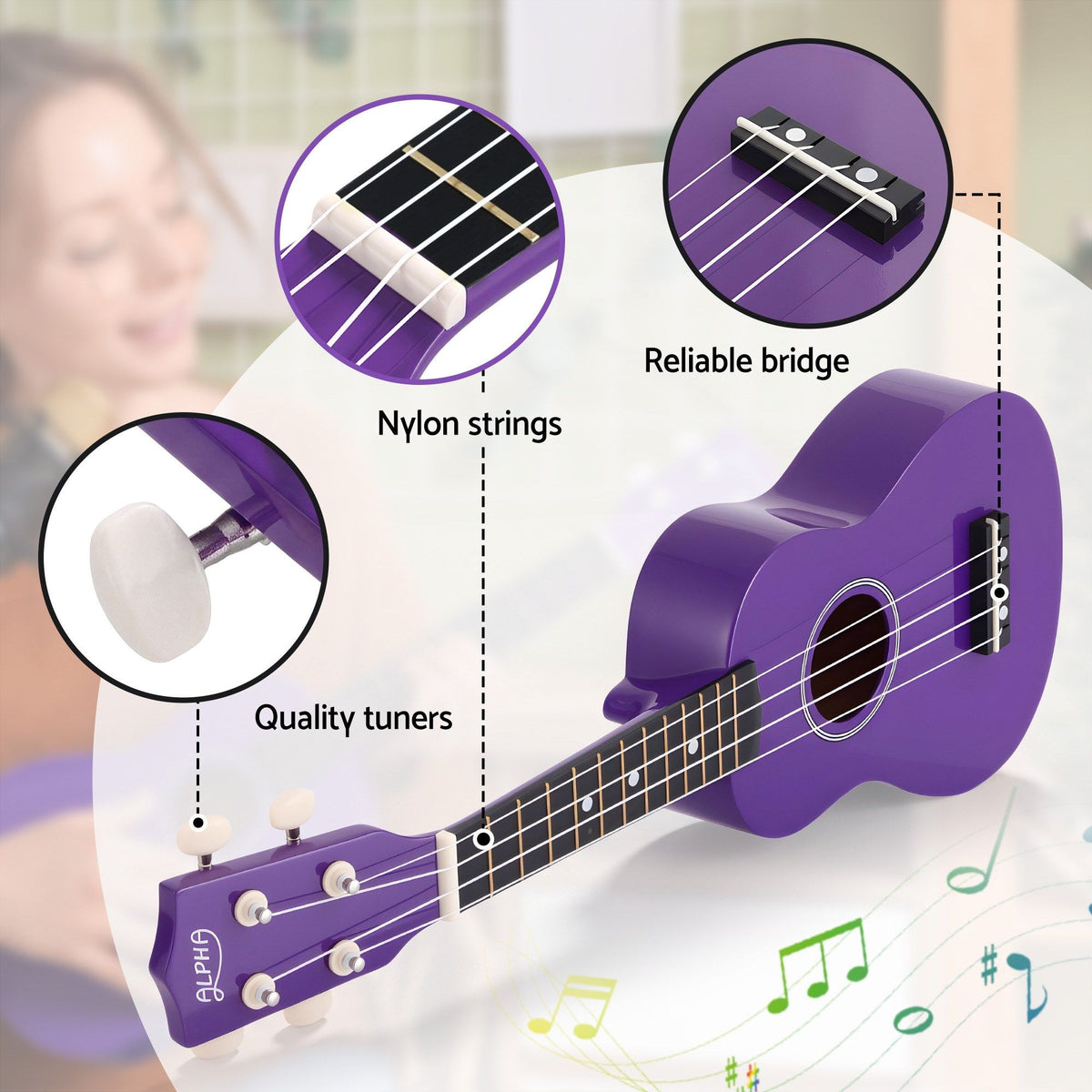 Alpha 21 Inch Ukulele Soprano Beginner Acoustic Small Guitar Kids Strings Purple Awezingly