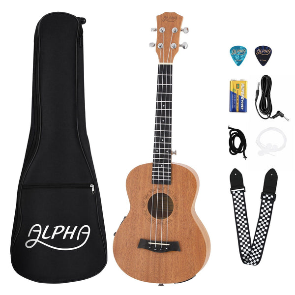Alpha 26 Inch Solid Mahogany Tenor Ukulele Electric Acoustic EQ System Kit 18 Frets Natural Awezingly