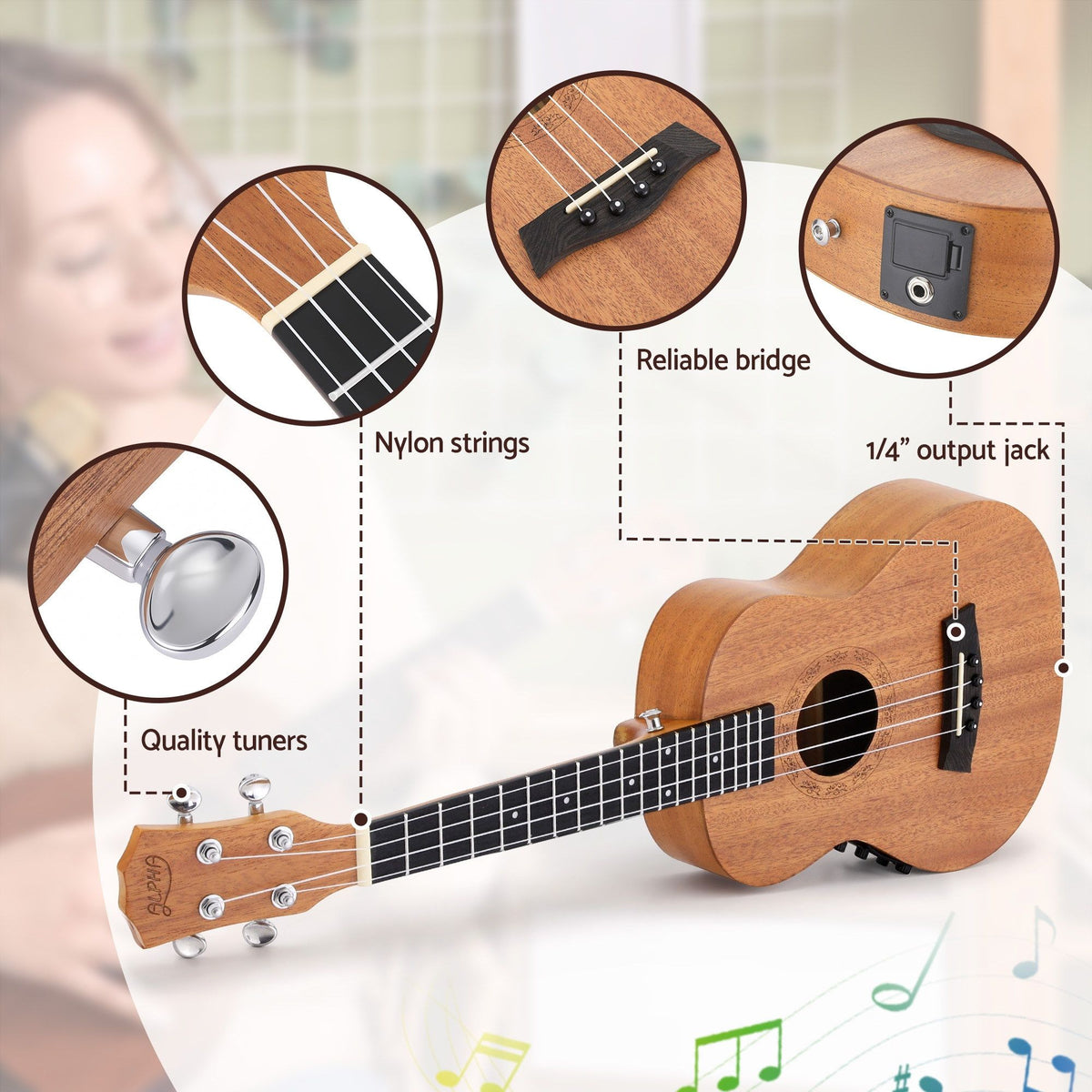 Alpha 26 Inch Solid Mahogany Tenor Ukulele Electric Acoustic EQ System Kit 18 Frets Natural Awezingly