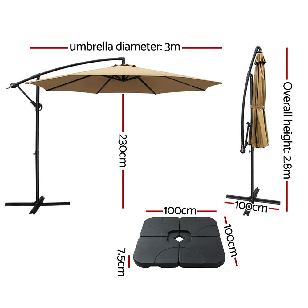 Instahut 3m Umbrella w/Base Outdoor Cantilever Beach Garden Patio Parasol Beige Awezingly