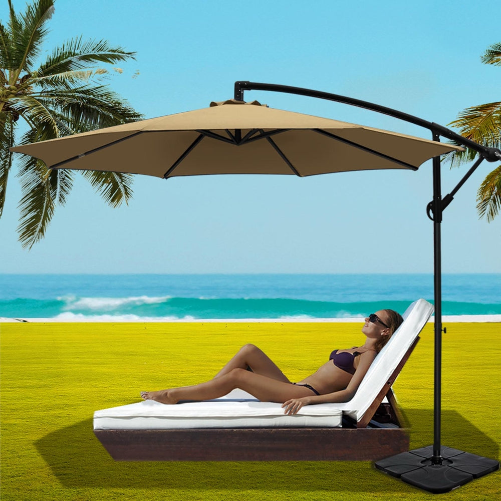 Instahut 3m Umbrella w/Base Outdoor Cantilever Beach Garden Patio Parasol Beige Awezingly