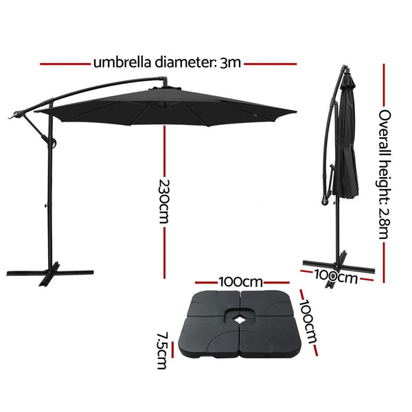 Instahut 3m Umbrella w/Base Outdoor Cantilever Beach Garden Patio Parasol Charcoal Awezingly