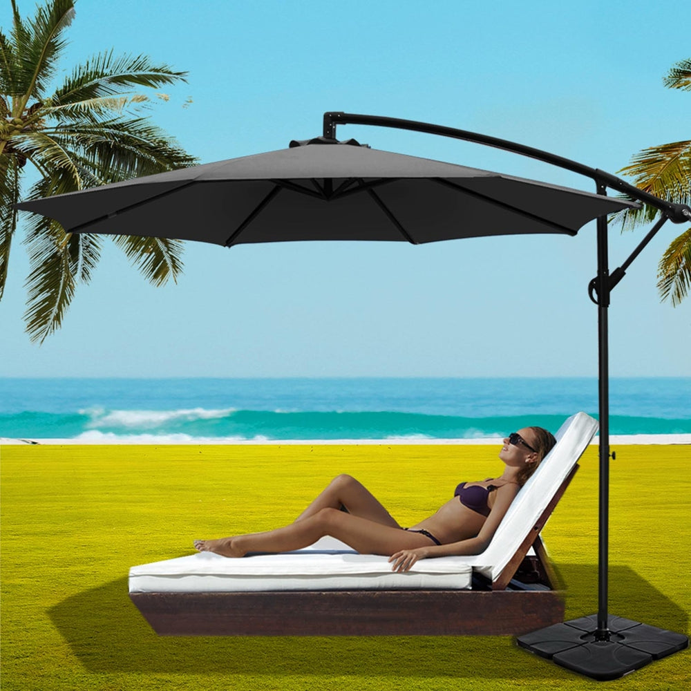 Instahut 3m Umbrella w/Base Outdoor Cantilever Beach Garden Patio Parasol Charcoal Awezingly