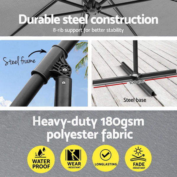 Instahut Umbrella Outdoor Umbrellas Cantilever Sun Stand UV Garden Base Grey 3M Awezingly