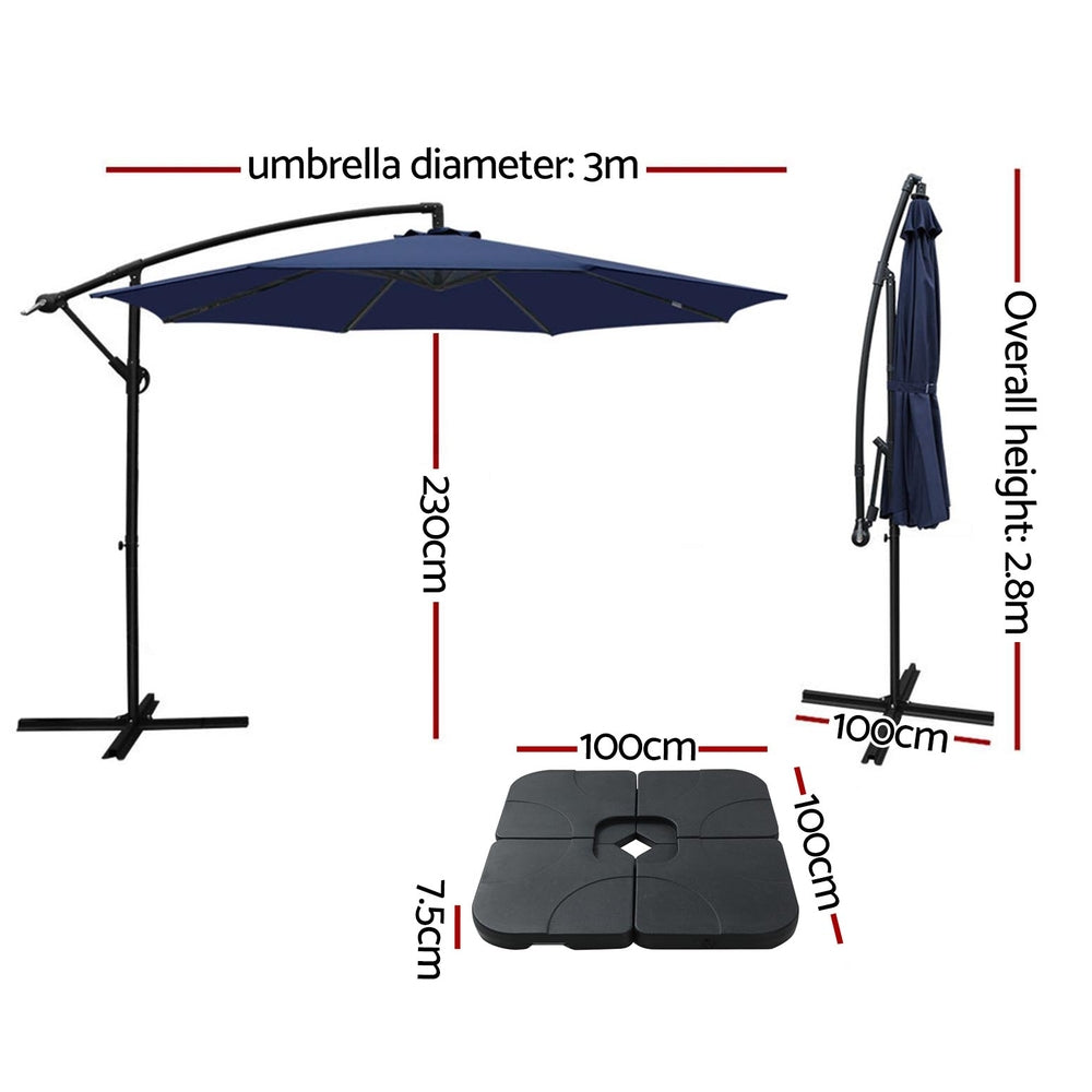 Instahut 3m Umbrella w/Base Outdoor Cantilever Beach Garden Patio Parasol Navy Awezingly