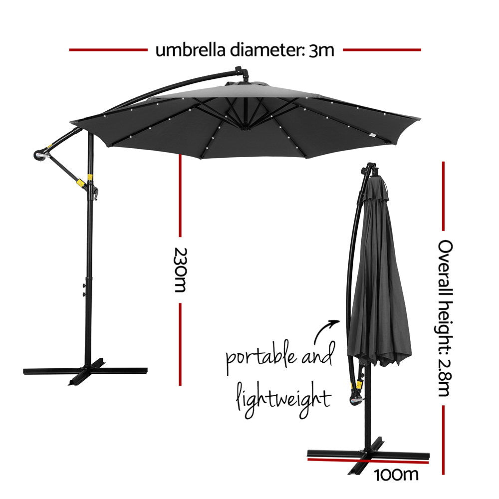 Instahut Outdoor Umbrella 3M Cantilever Beach LED Garden Shade Patio Charcoal Instahut