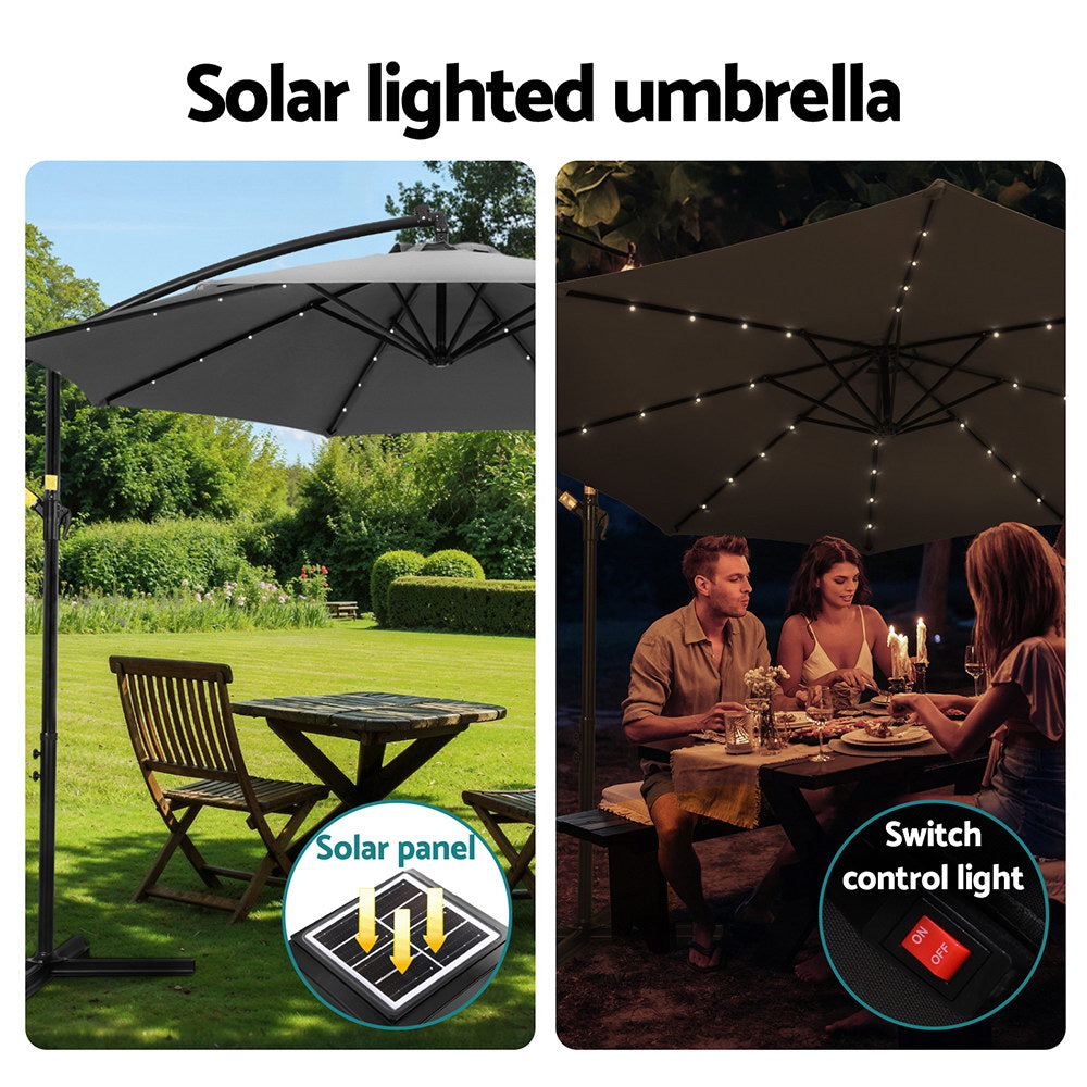 Instahut Outdoor Umbrella 3M Cantilever Beach LED Garden Shade Patio Charcoal Instahut
