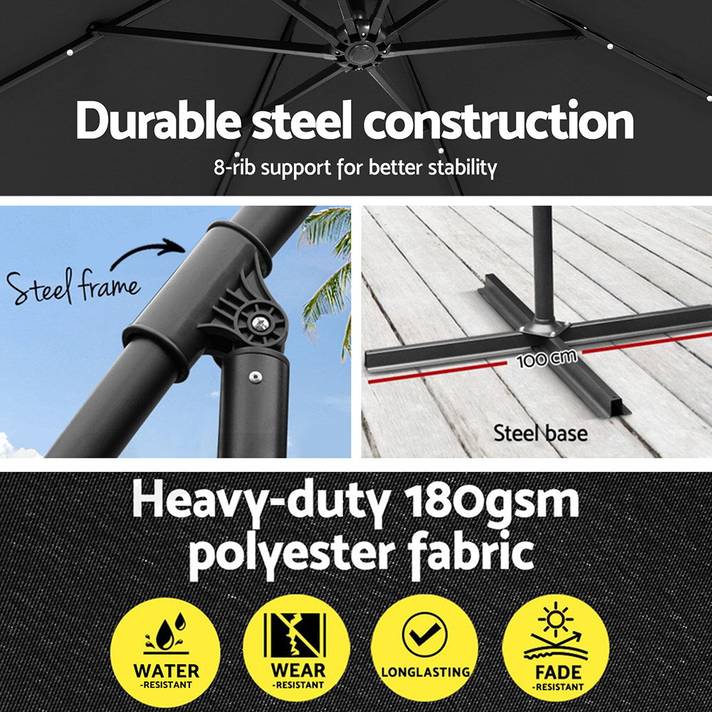 Instahut Outdoor Umbrella 3M Cantilever Beach LED Garden Shade Patio Charcoal Instahut