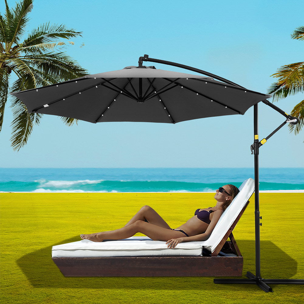 Instahut Outdoor Umbrella 3M Cantilever Beach LED Garden Shade Patio Charcoal Instahut