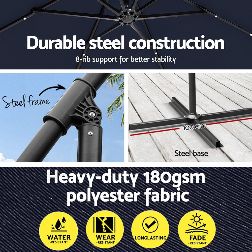 Instahut Outdoor Umbrella 3M Cantilever Beach LED Umbrellas Garden Shade Patio Instahut
