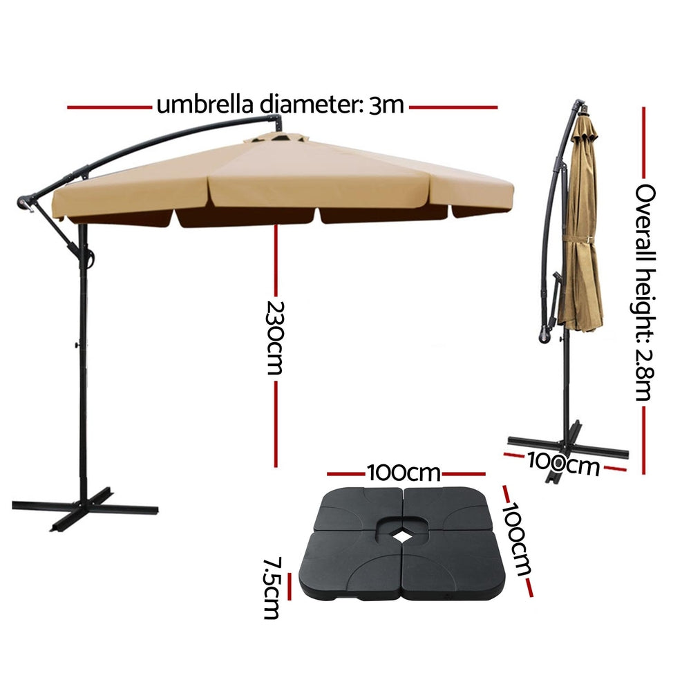 Instahut 3m Outdoor Umbrella w/Base Cantilever Garden Beach Patio Beige Awezingly