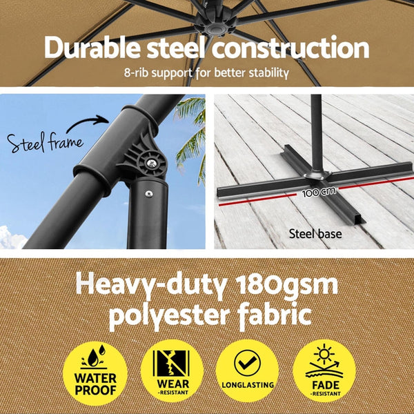 Instahut 3m Outdoor Umbrella w/Base Cantilever Garden Beach Patio Beige Awezingly