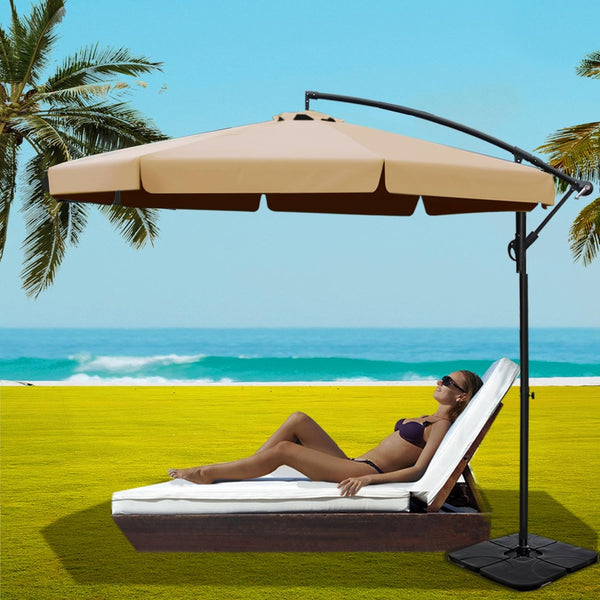 Instahut 3m Outdoor Umbrella w/Base Cantilever Garden Beach Patio Beige Awezingly