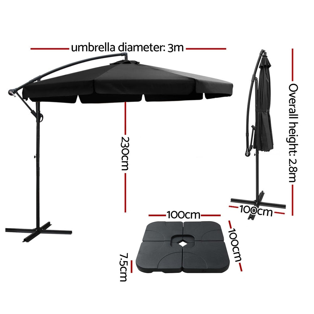 Instahut 3m Outdoor Umbrella w/Base Cantilever Garden Beach Patio Black Awezingly