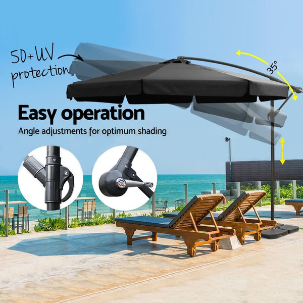 Instahut 3m Outdoor Umbrella w/Base Cantilever Garden Beach Patio Black Awezingly