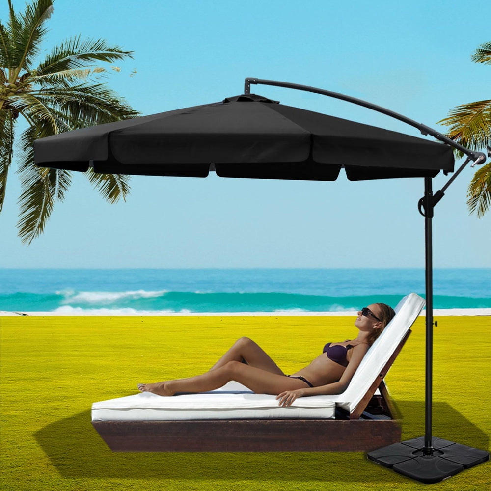 Instahut 3m Outdoor Umbrella w/Base Cantilever Garden Beach Patio Black Awezingly