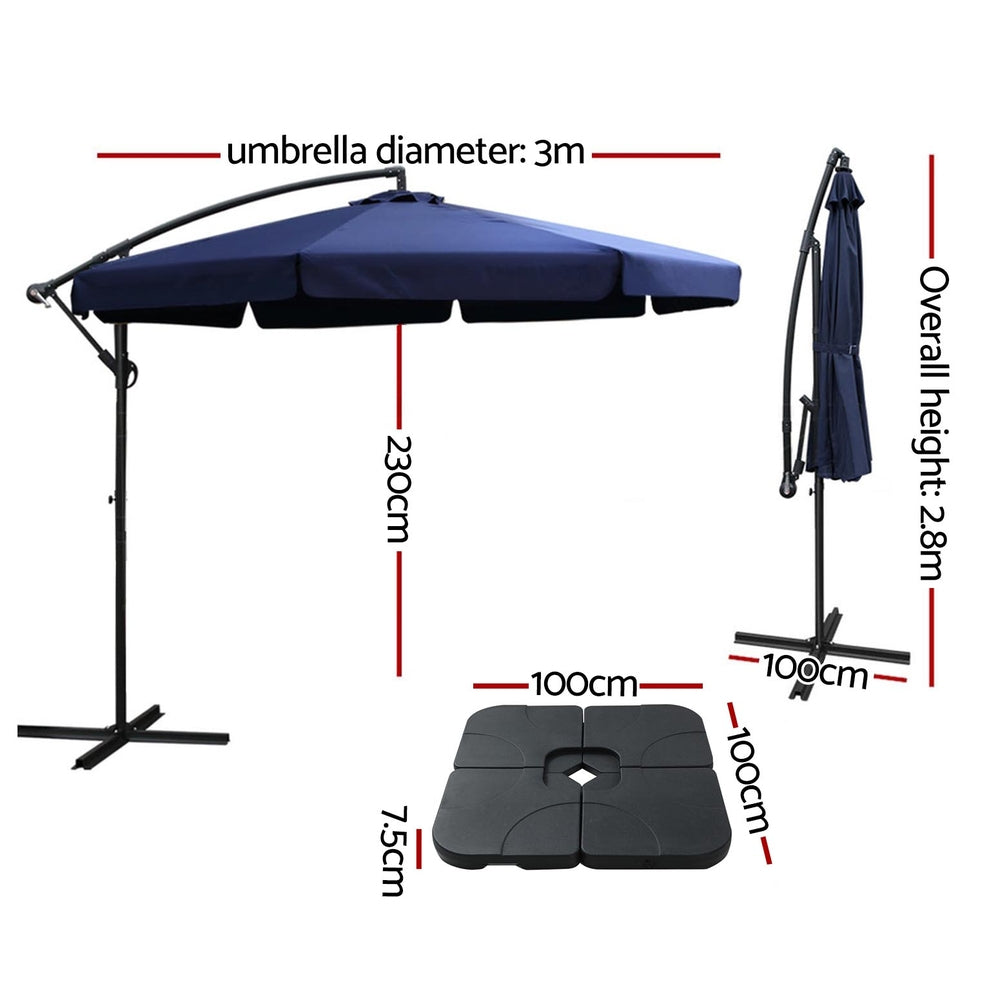 Instahut 3m Outdoor Umbrella w/Base Cantilever Garden Beach Patio Navy Awezingly