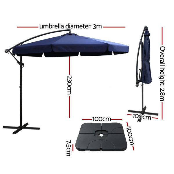 Instahut 3m Outdoor Umbrella w/Base Cantilever Garden Beach Patio Navy Awezingly