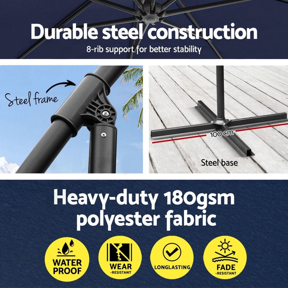 Instahut 3m Outdoor Umbrella w/Base Cantilever Garden Beach Patio Navy Awezingly