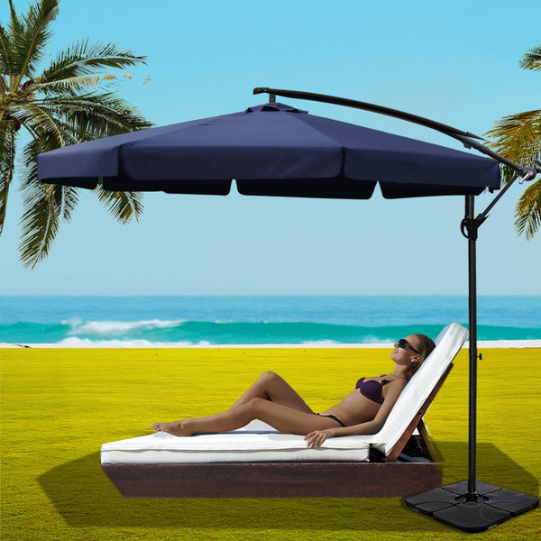 Instahut 3m Outdoor Umbrella w/Base Cantilever Garden Beach Patio Navy Awezingly