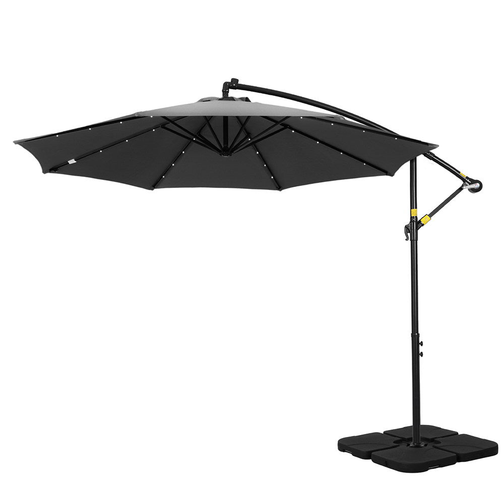 Instahut Outdoor Umbrella 3M Cantilever Beach LED Base Garden Sun Patio Charcoal Instahut