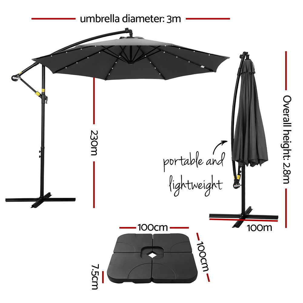 Instahut Outdoor Umbrella 3M Cantilever Beach LED Base Garden Sun Patio Charcoal Instahut