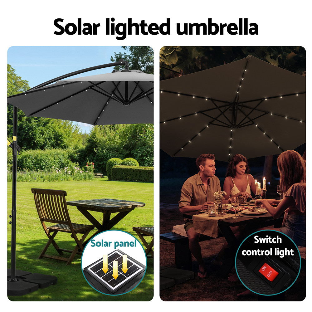 Instahut Outdoor Umbrella 3M Cantilever Beach LED Base Garden Sun Patio Charcoal Instahut