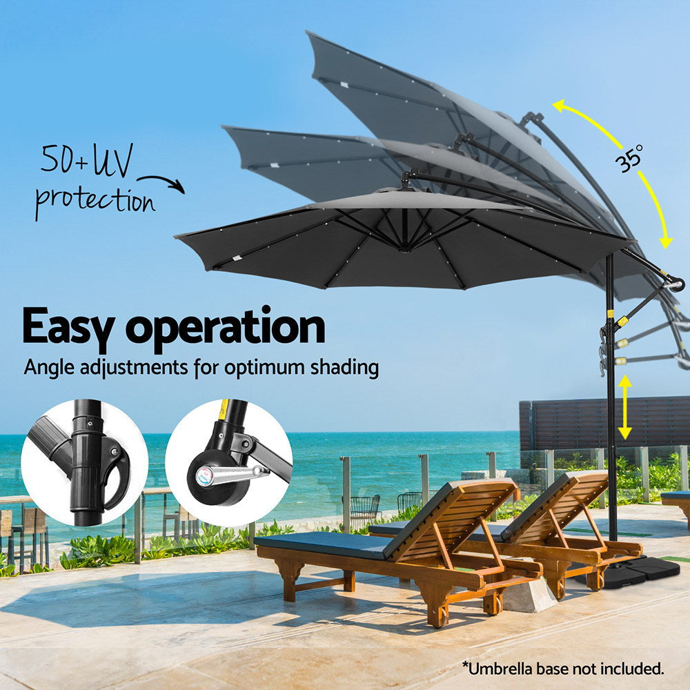 Instahut Outdoor Umbrella 3M Cantilever Beach LED Base Garden Sun Patio Charcoal Instahut