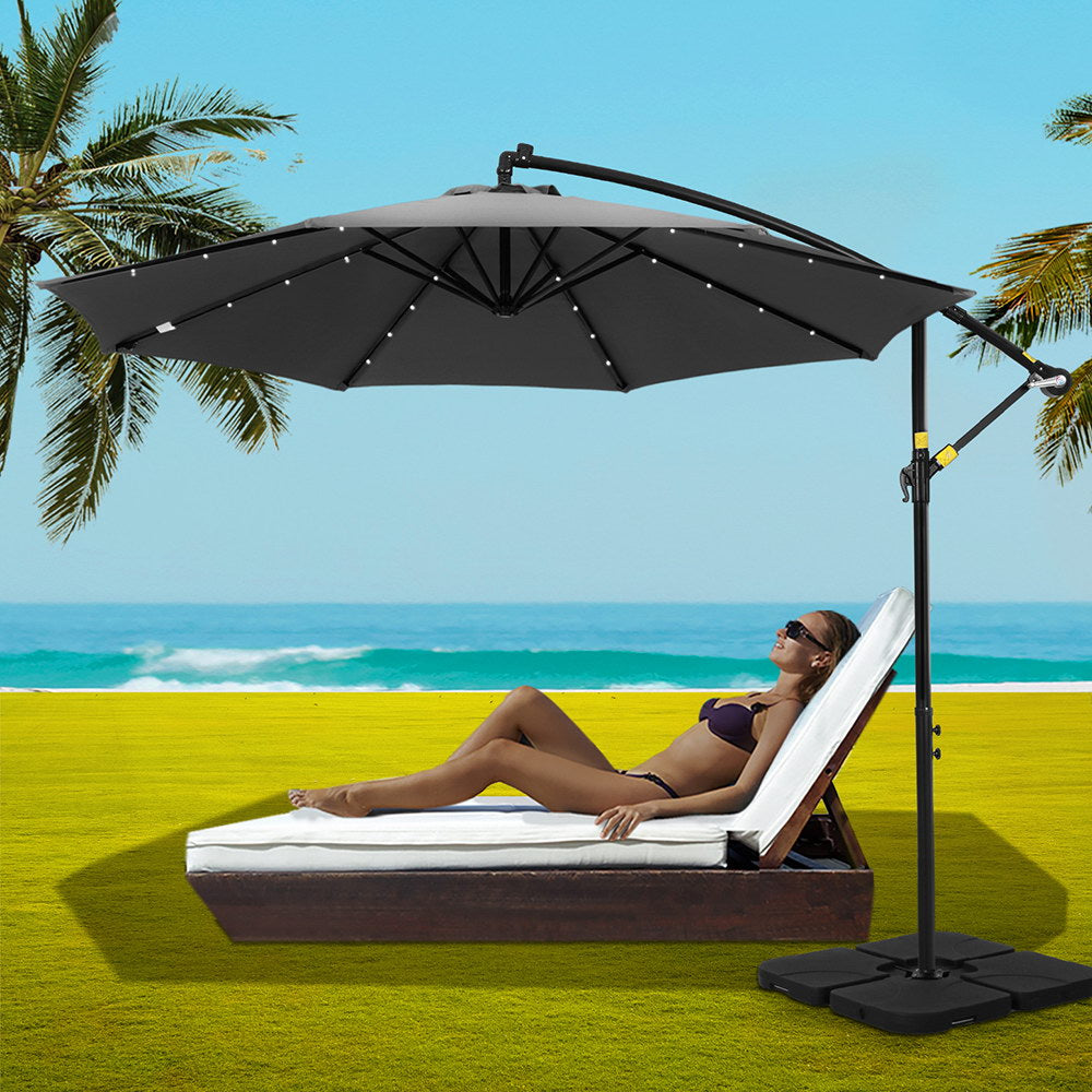 Instahut Outdoor Umbrella 3M Cantilever Beach LED Base Garden Sun Patio Charcoal Instahut