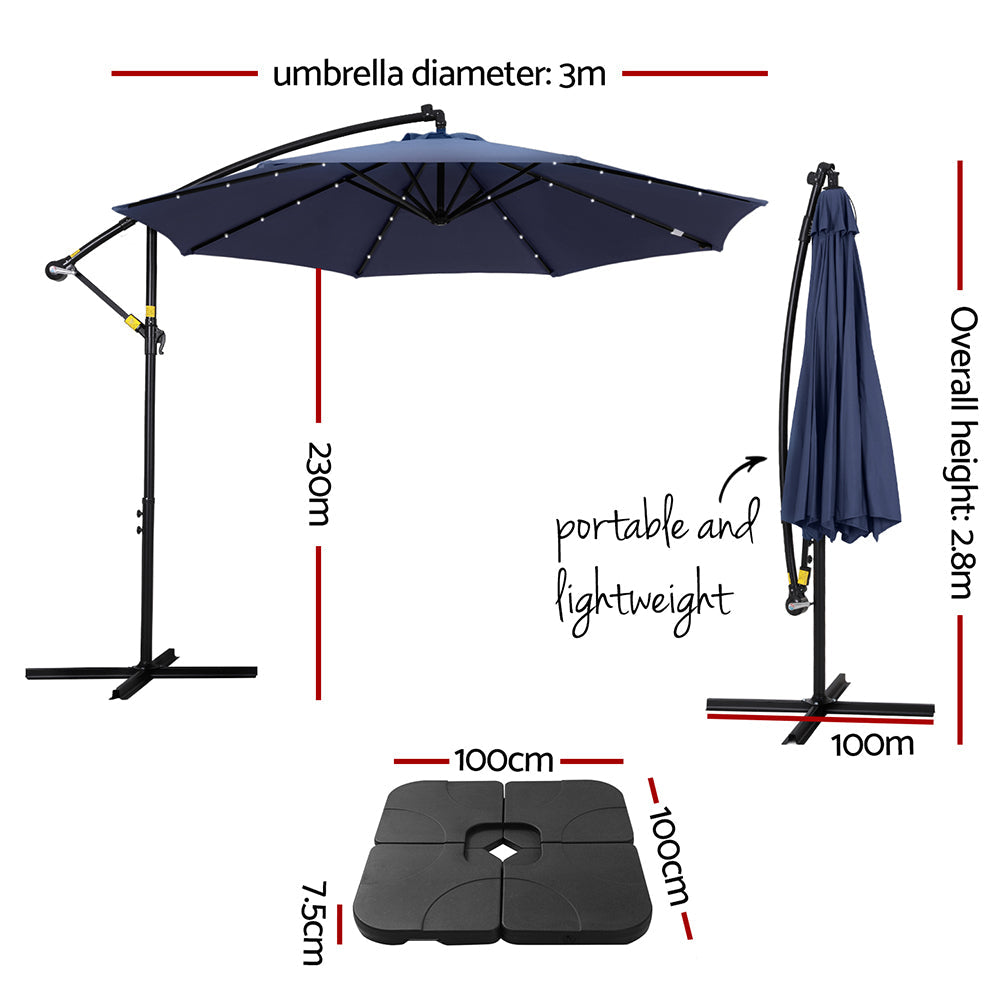 Instahut Outdoor Umbrella 3M Cantilever Beach LED w/Base Garden Shade Patio Navy Instahut