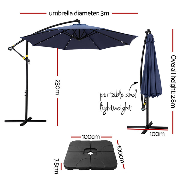 Instahut Outdoor Umbrella 3M Cantilever Beach LED w/Base Garden Shade Patio Navy Instahut