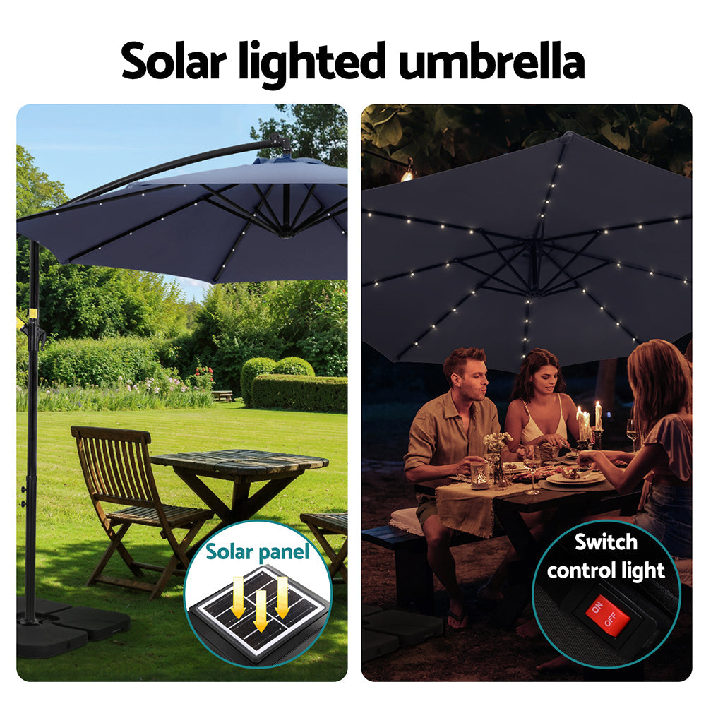 Instahut Outdoor Umbrella 3M Cantilever Beach LED w/Base Garden Shade Patio Navy Instahut