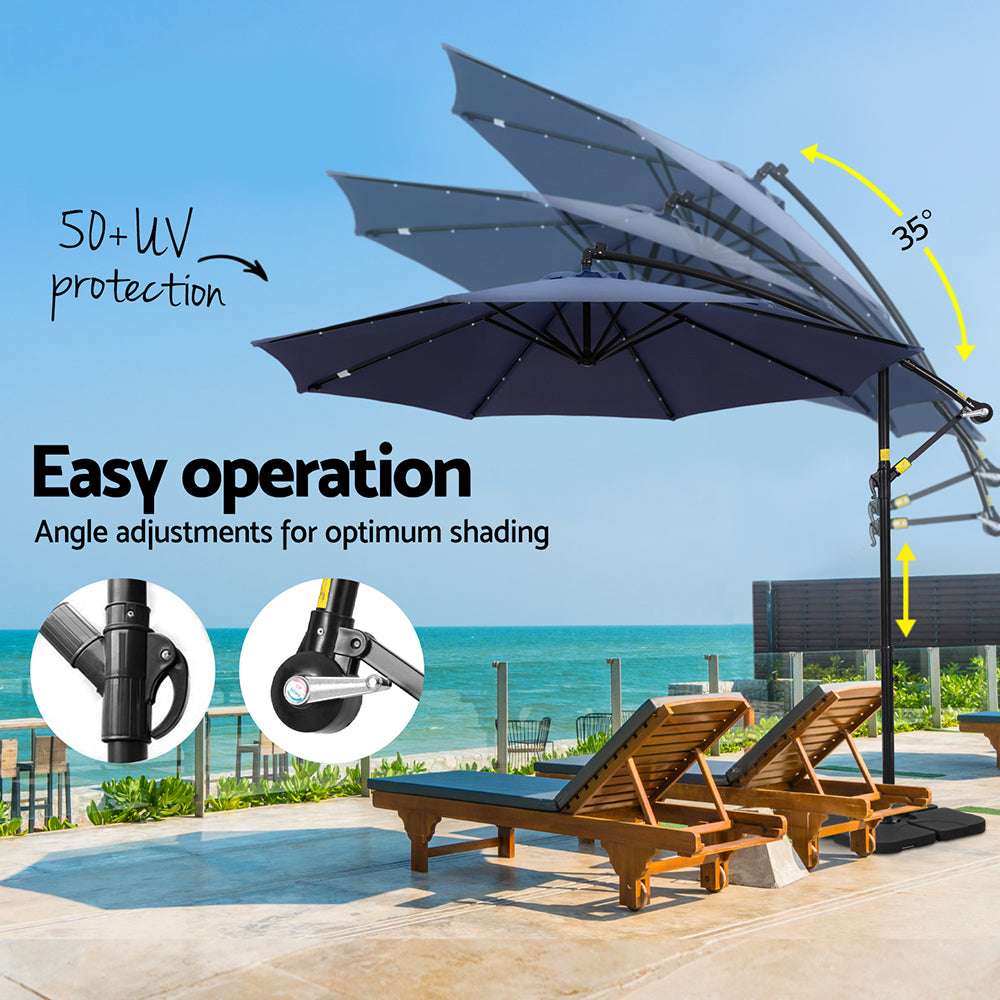 Instahut Outdoor Umbrella 3M Cantilever Beach LED w/Base Garden Shade Patio Navy Instahut