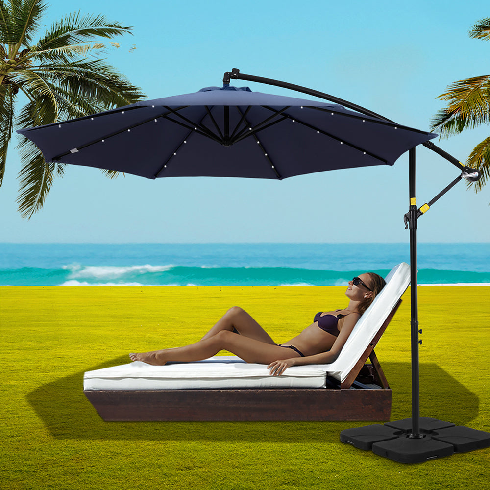 Instahut Outdoor Umbrella 3M Cantilever Beach LED w/Base Garden Shade Patio Navy Instahut