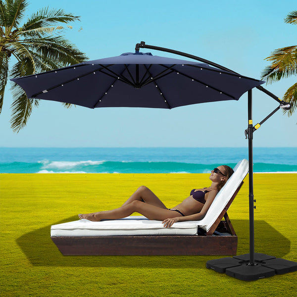 Instahut Outdoor Umbrella 3M Cantilever Beach LED w/Base Garden Shade Patio Navy Instahut