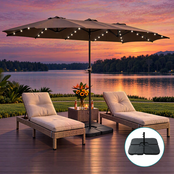 Instahut Outdoor Umbrella w/Base 4.57m Solar 48 LED Double-Sided Patio Parasol Brown Awezingly