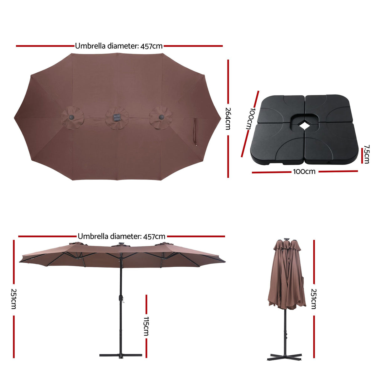 Instahut Outdoor Umbrella w/Base 4.57m Solar 48 LED Double-Sided Patio Parasol Brown Awezingly