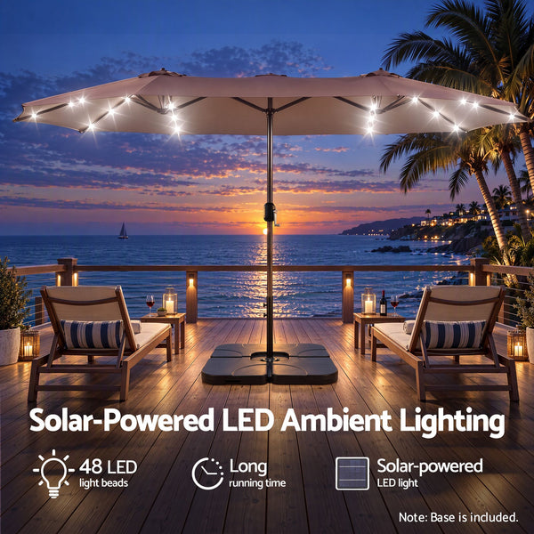 Instahut Outdoor Umbrella w/Base 4.57m Solar 48 LED Double-Sided Patio Parasol Brown Awezingly