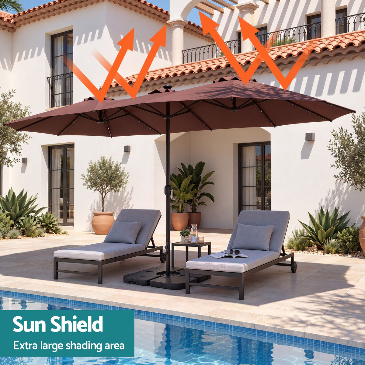 Instahut Outdoor Umbrella w/Base 4.57m Solar 48 LED Double-Sided Patio Parasol Brown Awezingly