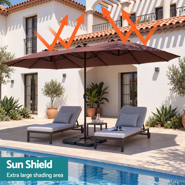 Instahut Outdoor Umbrella w/Base 4.57m Solar 48 LED Double-Sided Patio Parasol Brown Awezingly
