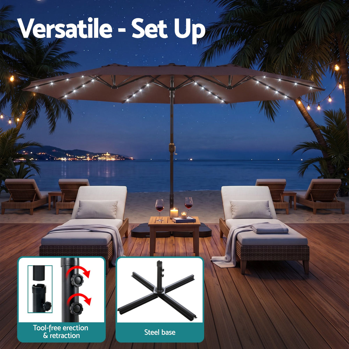 Instahut Outdoor Umbrella w/Base 4.57m Solar 48 LED Double-Sided Patio Parasol Brown Awezingly